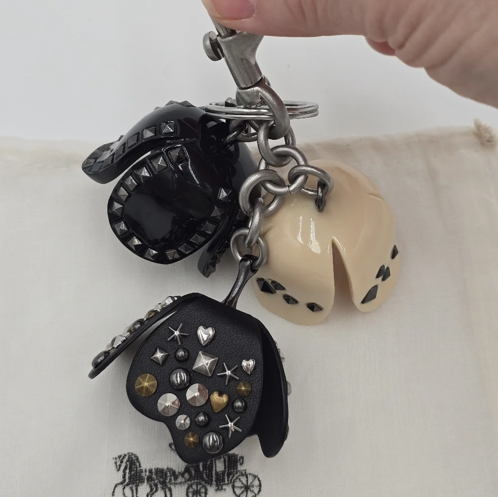 Coach Tea Rose Studded Bag Charm/  KeyRing, B & W, EUC - Picture 7 of 11